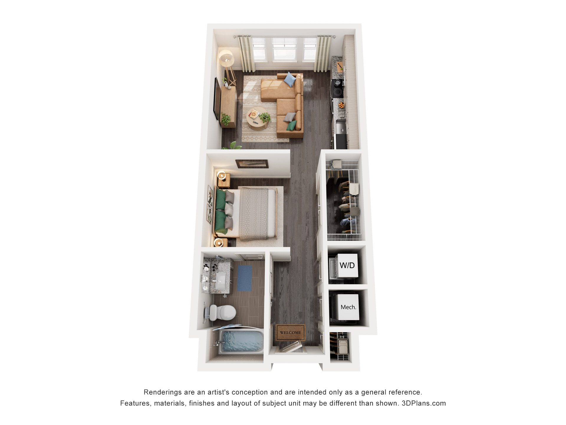 Floor plan for studio, 1 bath, 577 sqft